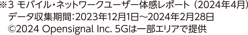 ※3 モバイル・ネットワークユーザー体感レポート（2024年4月）データ収集期間：2023年12月1日～2024年2月28日©2024 OpenSignal Inc. 5Gは一部エリアで提供