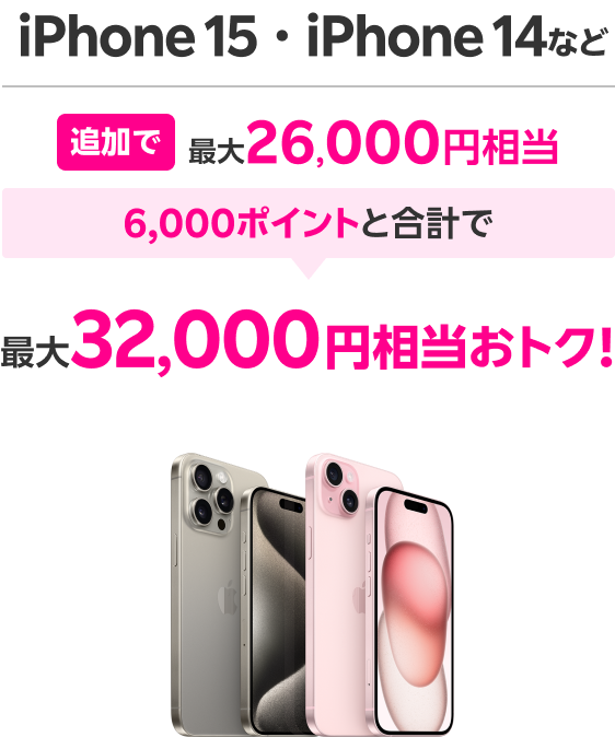 iPhone15・iPhone14など 追加で最大26,000円相当 6,000ポイントと合計で 最大32,000円相当おトク！