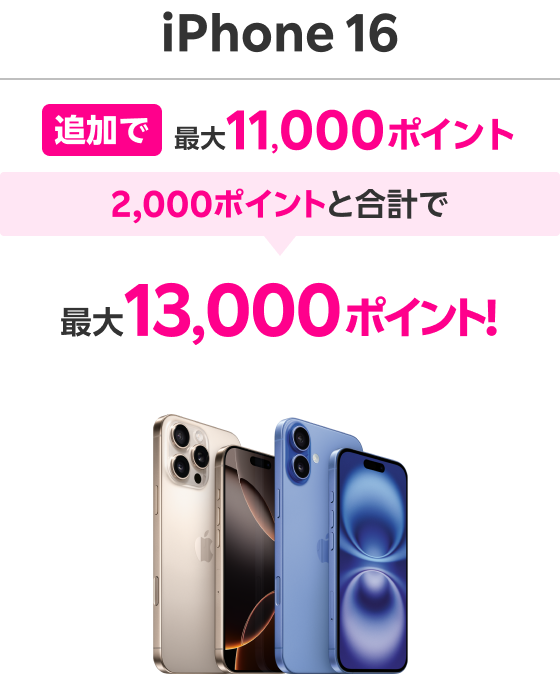 iPhone 16 追加で最大11,000ポイント 2,000ポイントと合計で最大13,000ポイント！