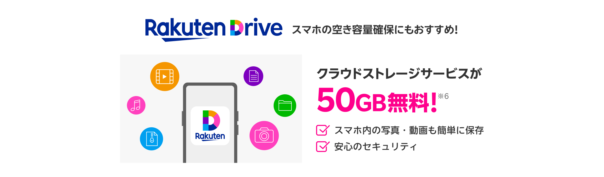 クラウドストレージ：大事なデータのバックアップに！楽天ドライブ50GB無料※6