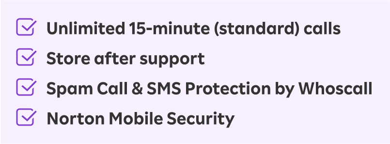 Unlimited 15-minute (standard) calls, Store after support, Spam Call & SMS Protection by Whoscall, Norton Mobile Security