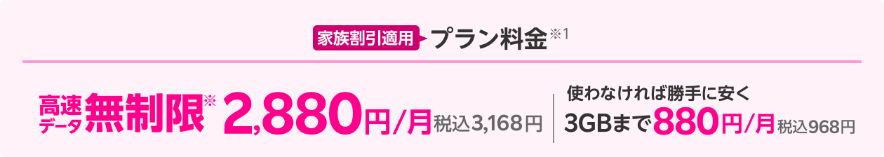 家族割引適用 プラン料金※1高速データ無制限※ 2,880円/月 税込3,168円 使わなければ勝手に安く 3GBまで880円/月 税込968円