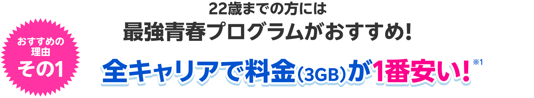 22歳までの方には最強青春プログラムがおすすめ！ おすすめの理由その1 全キャリアで料金（3GB）が1番安い！