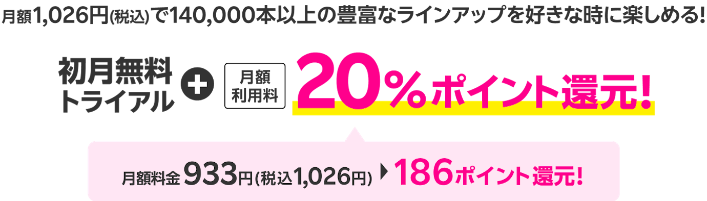 月額1,026円(税込)で140,000本以上の豊富なラインナップを好きな時に楽しめる！ 初月無料トライアル + 月額利用料20％ポイント還元！月額料金933円(税込1,026円)から186ポイント還元！